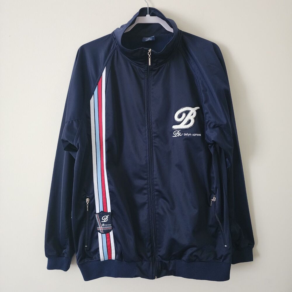 BX bklyn xpress Mens Full Zip Track Jacket Navy Blue Mock Neck Logo Brooklyn 2XL